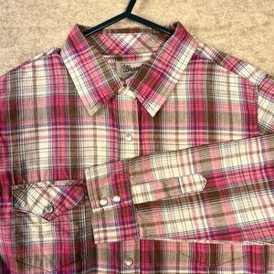 Wrangler Wrancher Shirt Womens XL Pink Plaid Pearl Snap Western Cowgirl Rodeo